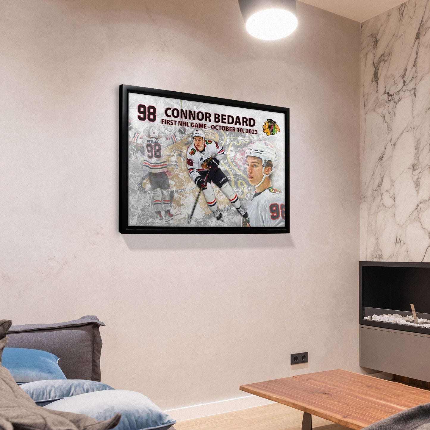 Connor Bedard 20x29 Framed Canvas Blackhawks First Game - Jack Righteous