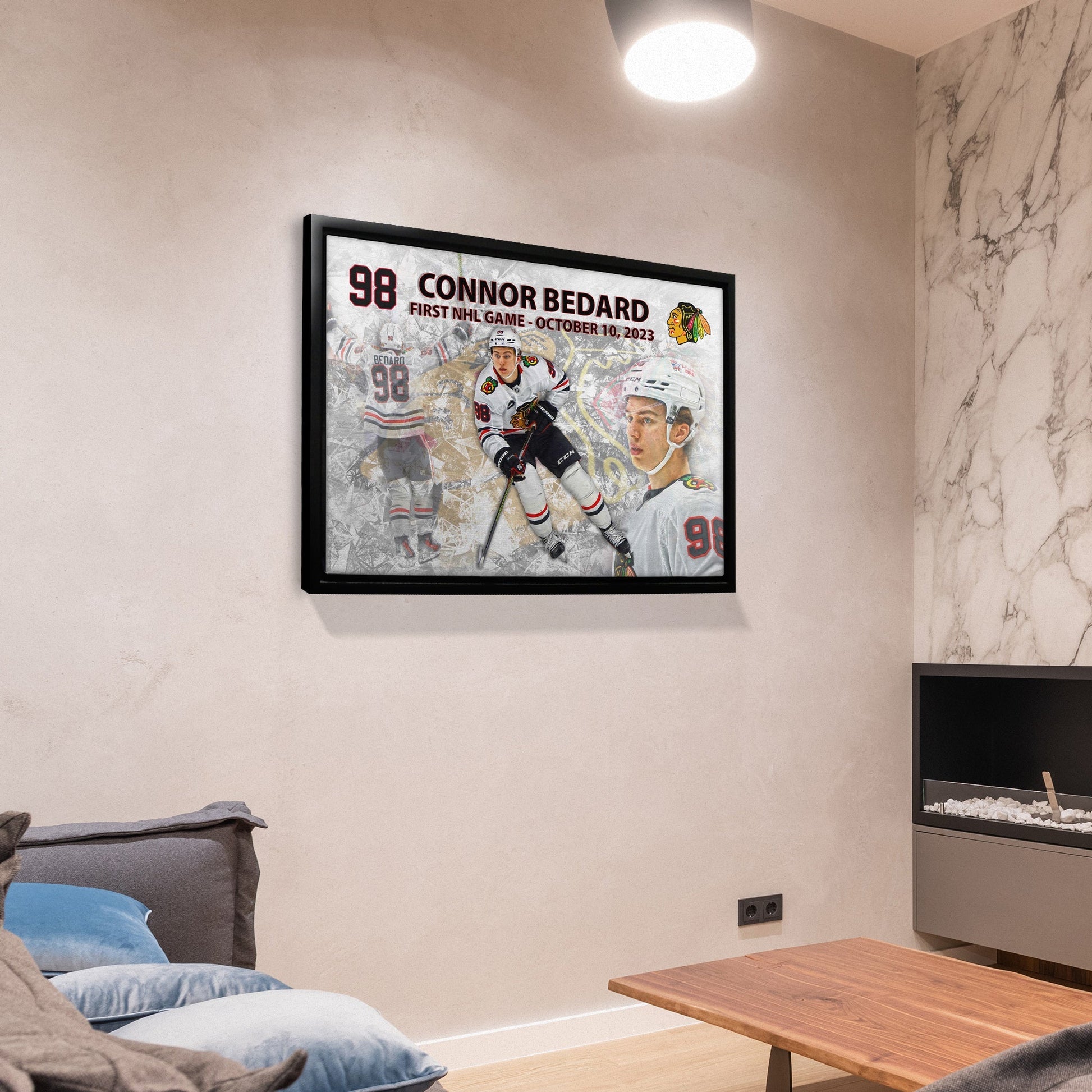 Connor Bedard 20x29 Framed Canvas Blackhawks First Game - Jack Righteous