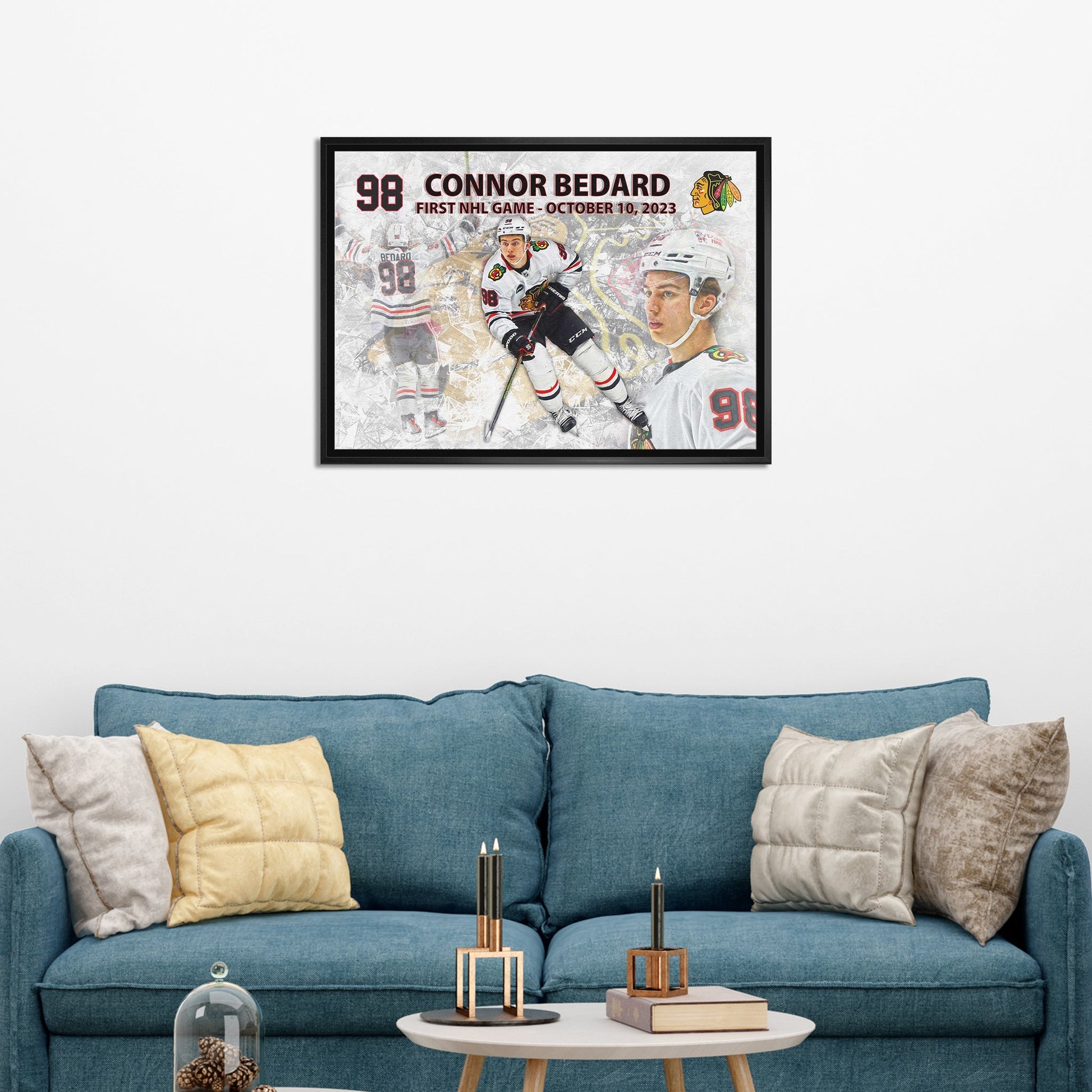 Connor Bedard 20x29 Framed Canvas Blackhawks First Game - Jack Righteous