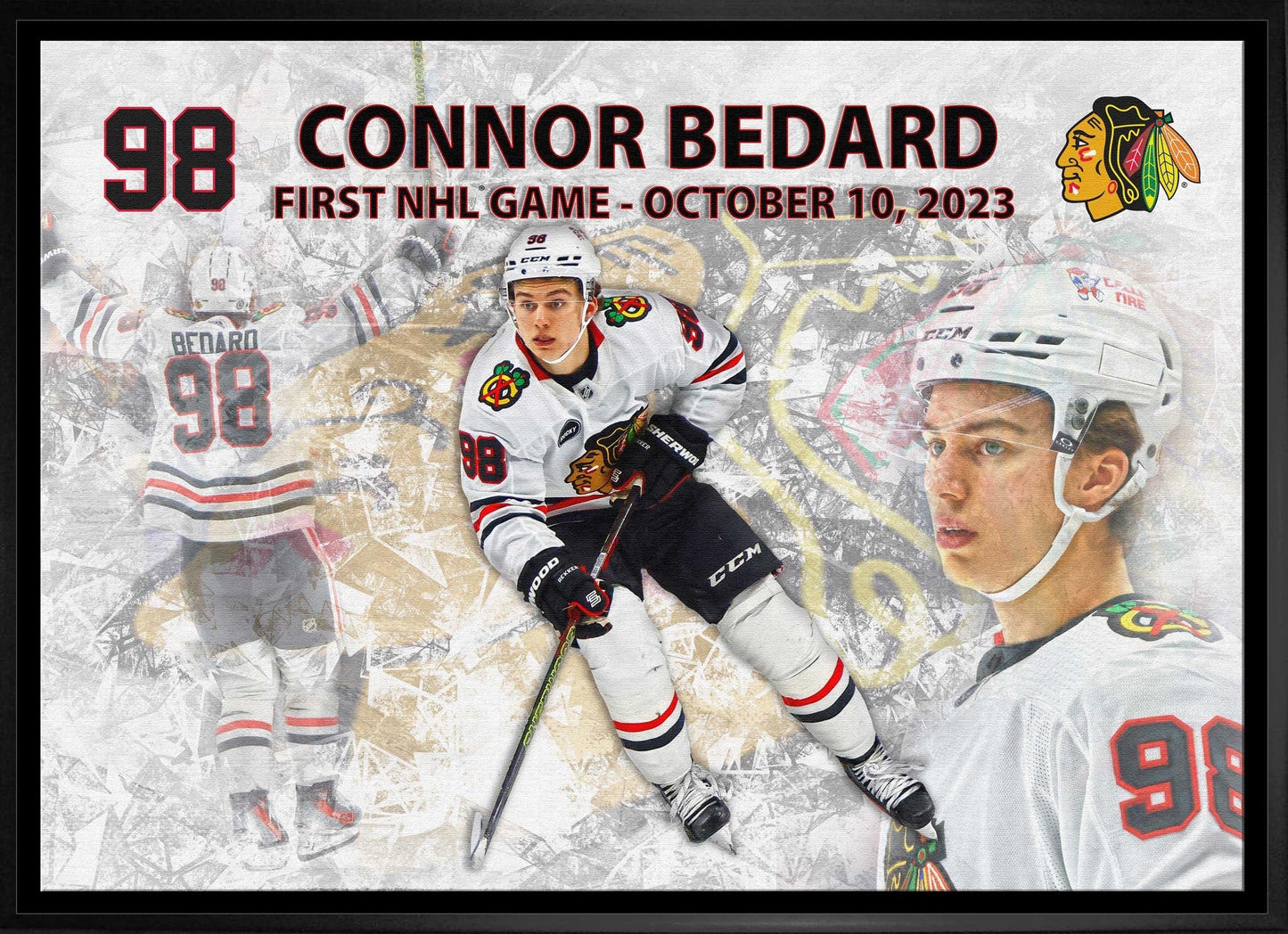 Connor Bedard 20x29 Framed Canvas Blackhawks First Game - Jack Righteous