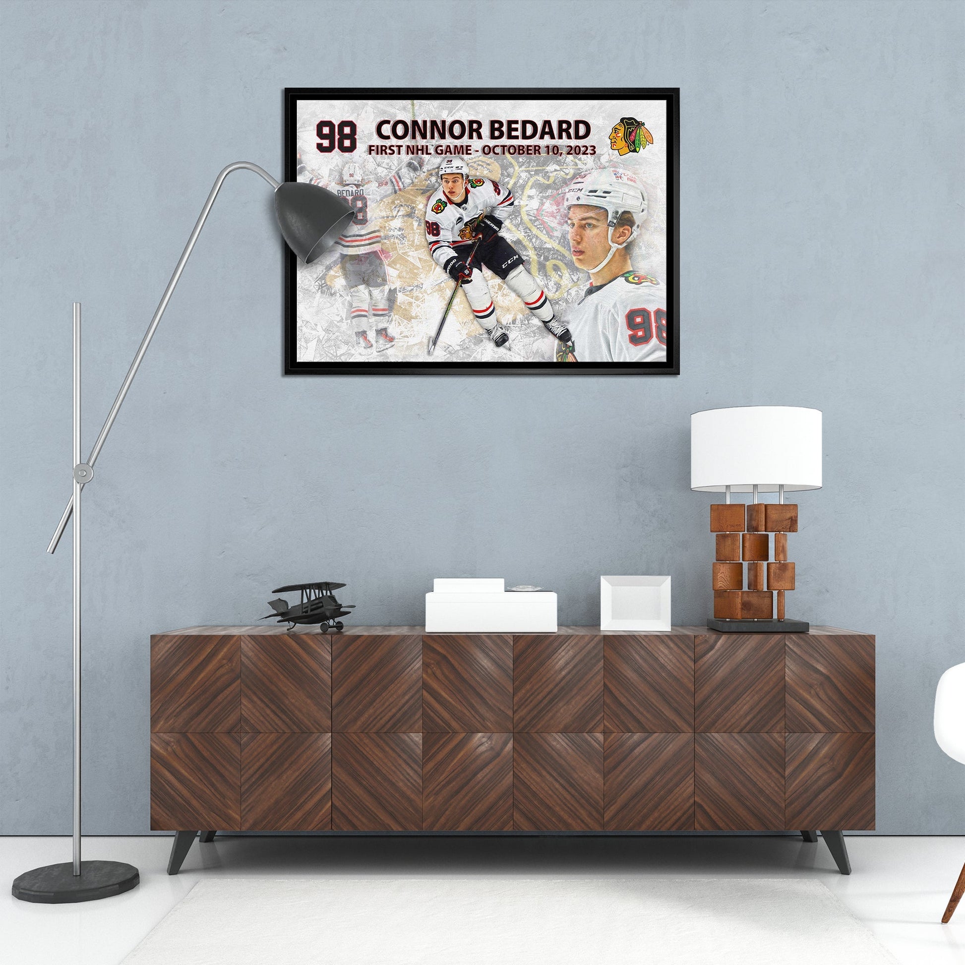 Connor Bedard 20x29 Framed Canvas Blackhawks First Game - Jack Righteous