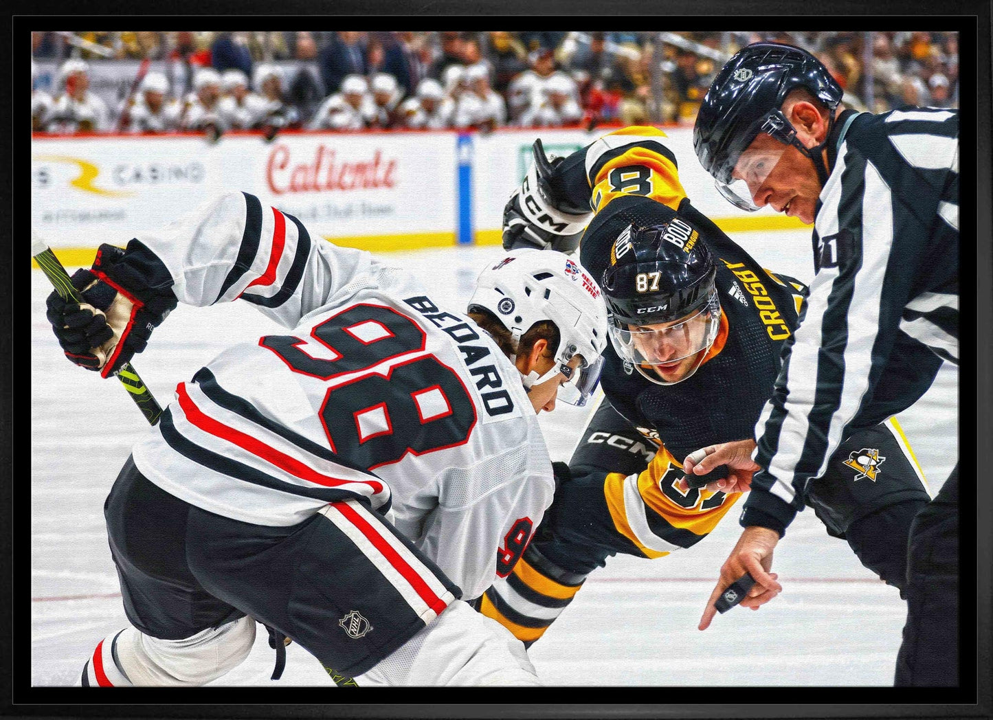 Connor Bedard 20x29 Framed Canvas Blackhawks vs Crosby - Jack Righteous