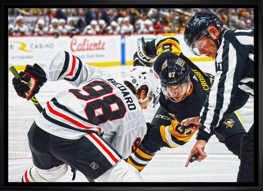 Connor Bedard 20x29 Framed Canvas Blackhawks vs Crosby - Jack Righteous