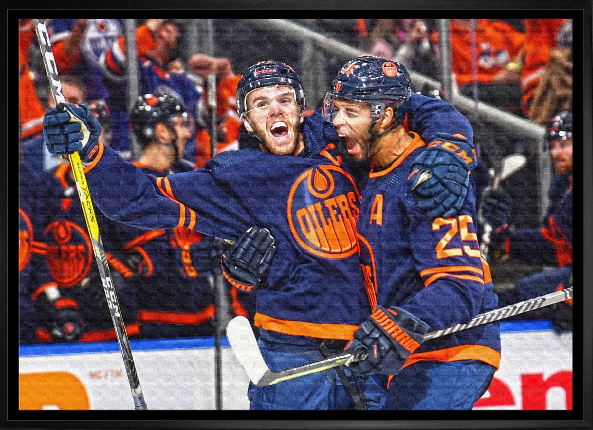 Connor McDavid and Darnell Nurse 20x29 Framed Canvas Oilers Celebration - H - Jack Righteous