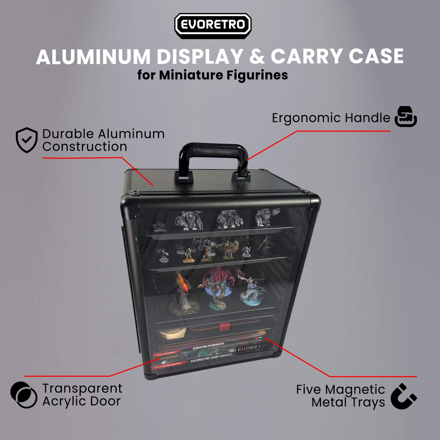EVORETRO Aluminum Miniatures Display Case with 5 Magnetic Trays - Jack Righteous