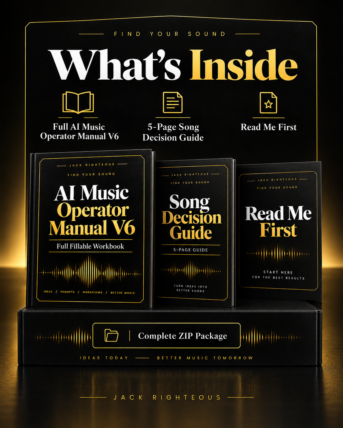 Find Your Sound AI Music Operator Manual V6 package contents with full manual, five-page Song Decision Guide and Read Me First