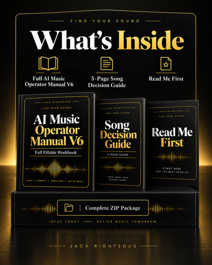 Find Your Sound AI Music Operator Manual V6 package contents with full manual, five-page Song Decision Guide and Read Me First