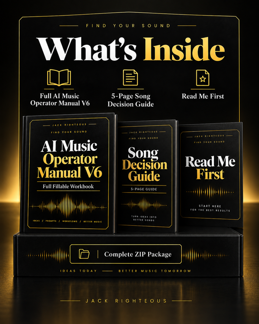 Find Your Sound AI Music Operator Manual V6 package contents with full manual, five-page Song Decision Guide and Read Me First