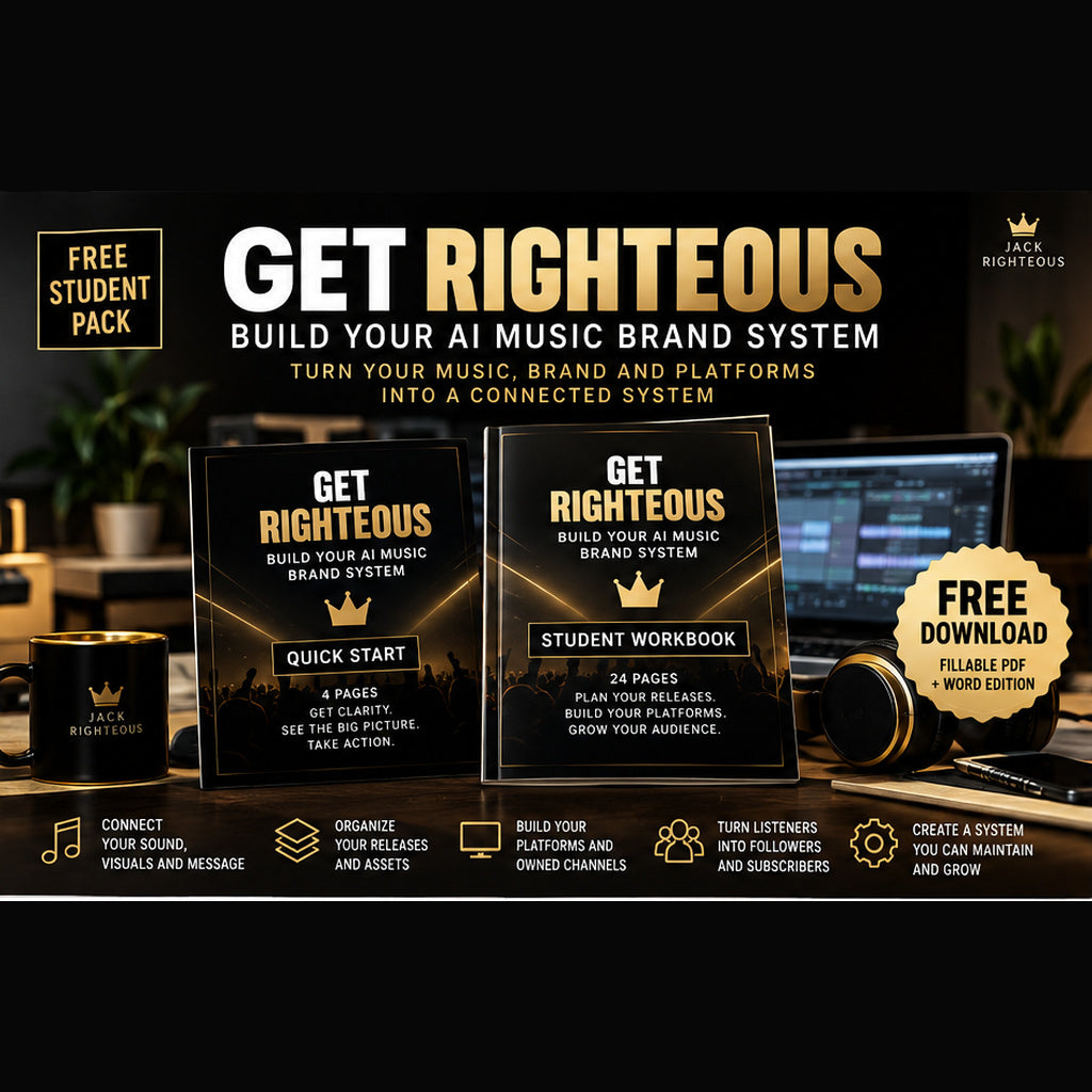 Get Righteous free AI Music Brand System Student Pack cover showing 4-page Quick Start and 24-page workbook