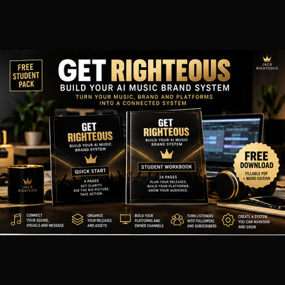 Get Righteous free AI Music Brand System Student Pack cover showing 4-page Quick Start and 24-page workbook