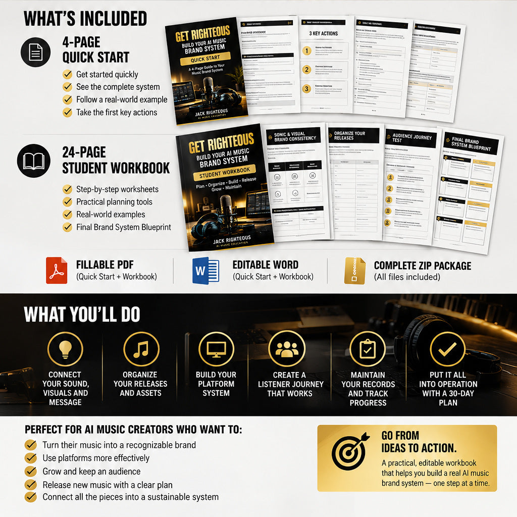 Get Righteous workbook outcomes: connected sound and visuals, organized releases, listener journey and final brand blueprint