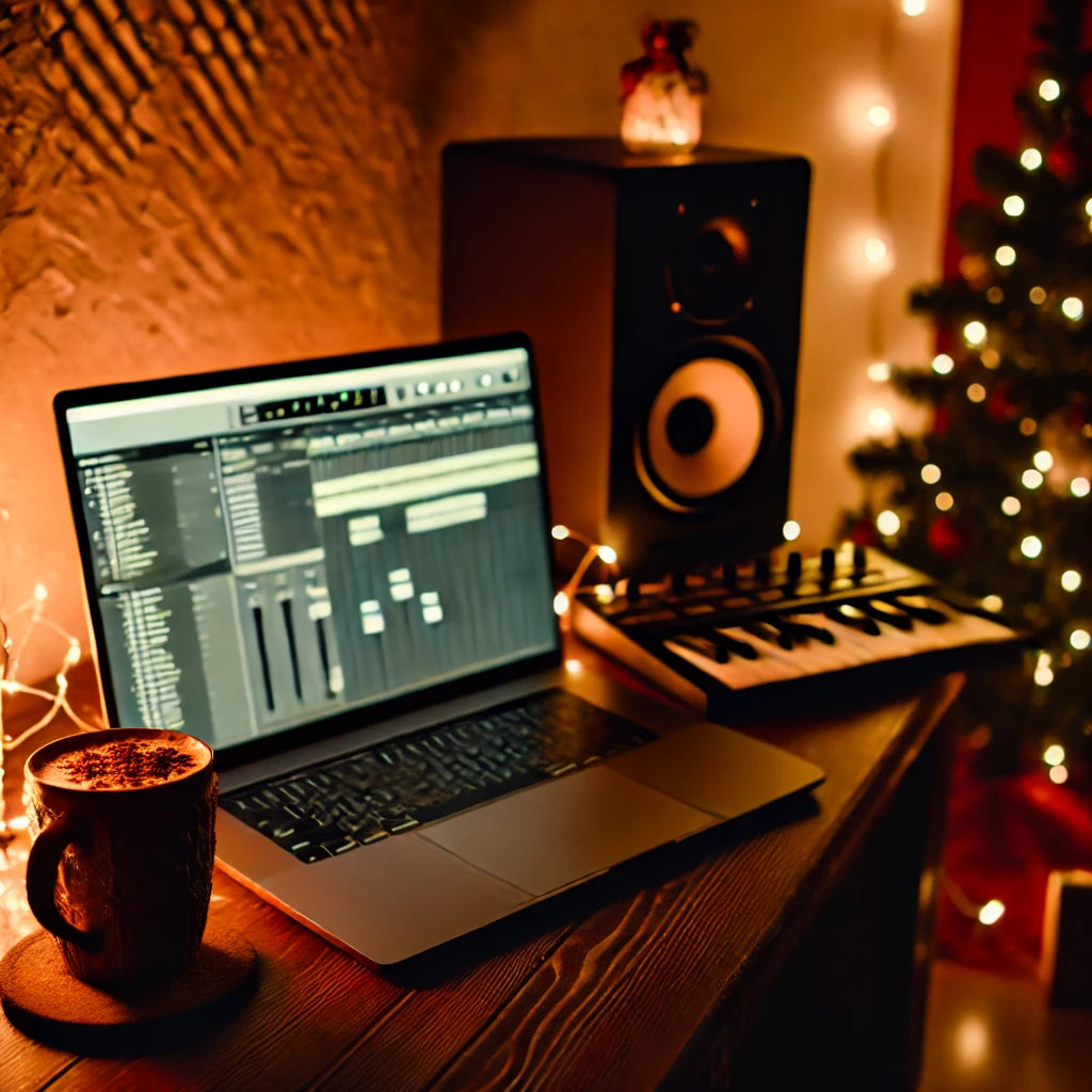 Cozy holiday-themed workspace with a laptop open to music production software, surrounded by fairy lights, a small Christmas tree, and a mug of hot chocolate.