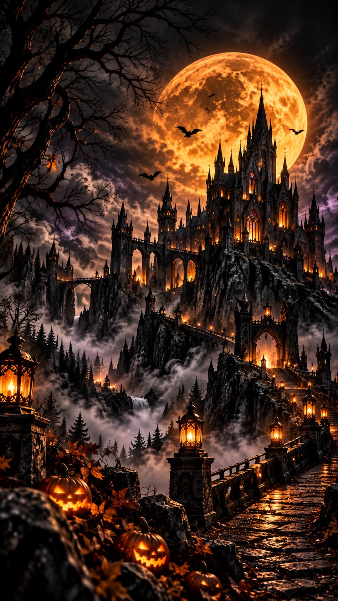 The Haunted Kingdom – Gothic castle and orange full moon Halloween phone wallpaper