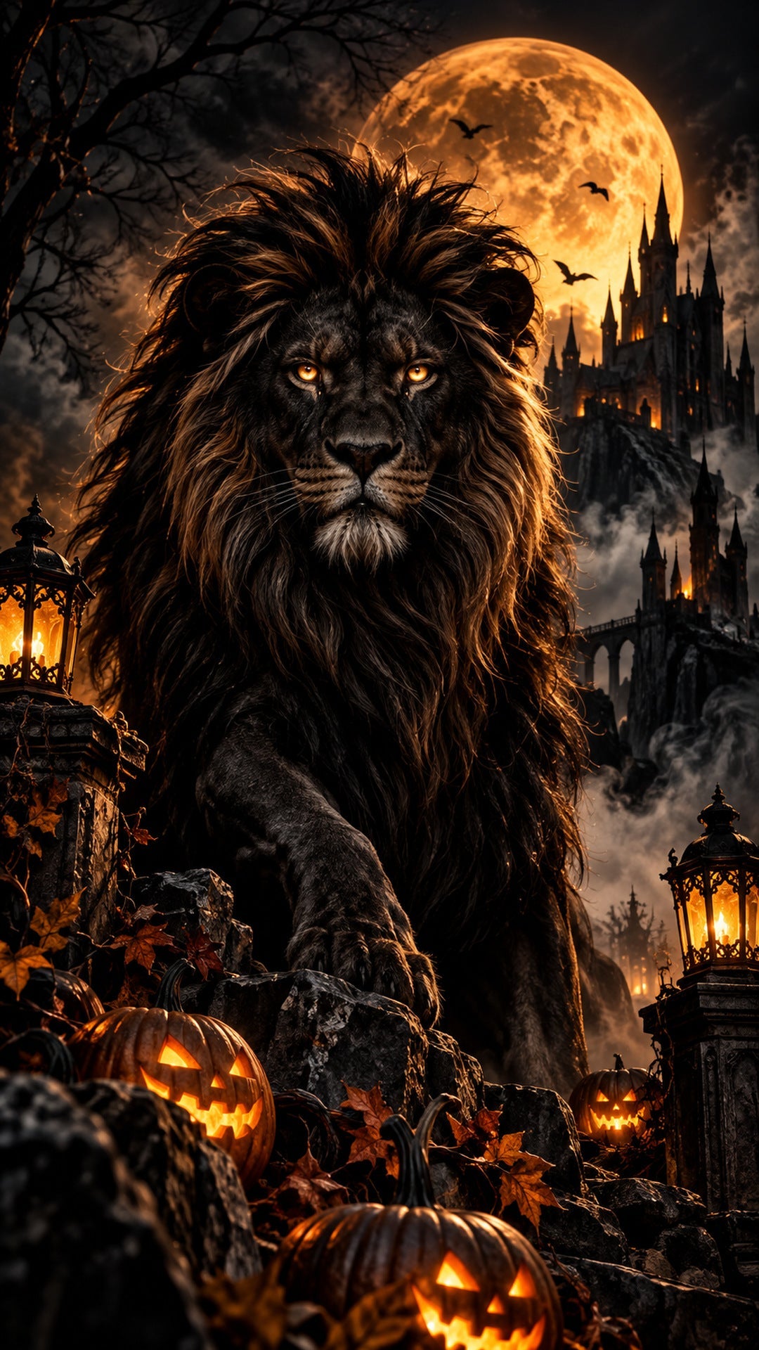 The Lion After Midnight – black lion with glowing amber eyes, Jack Righteous Halloween wallpaper