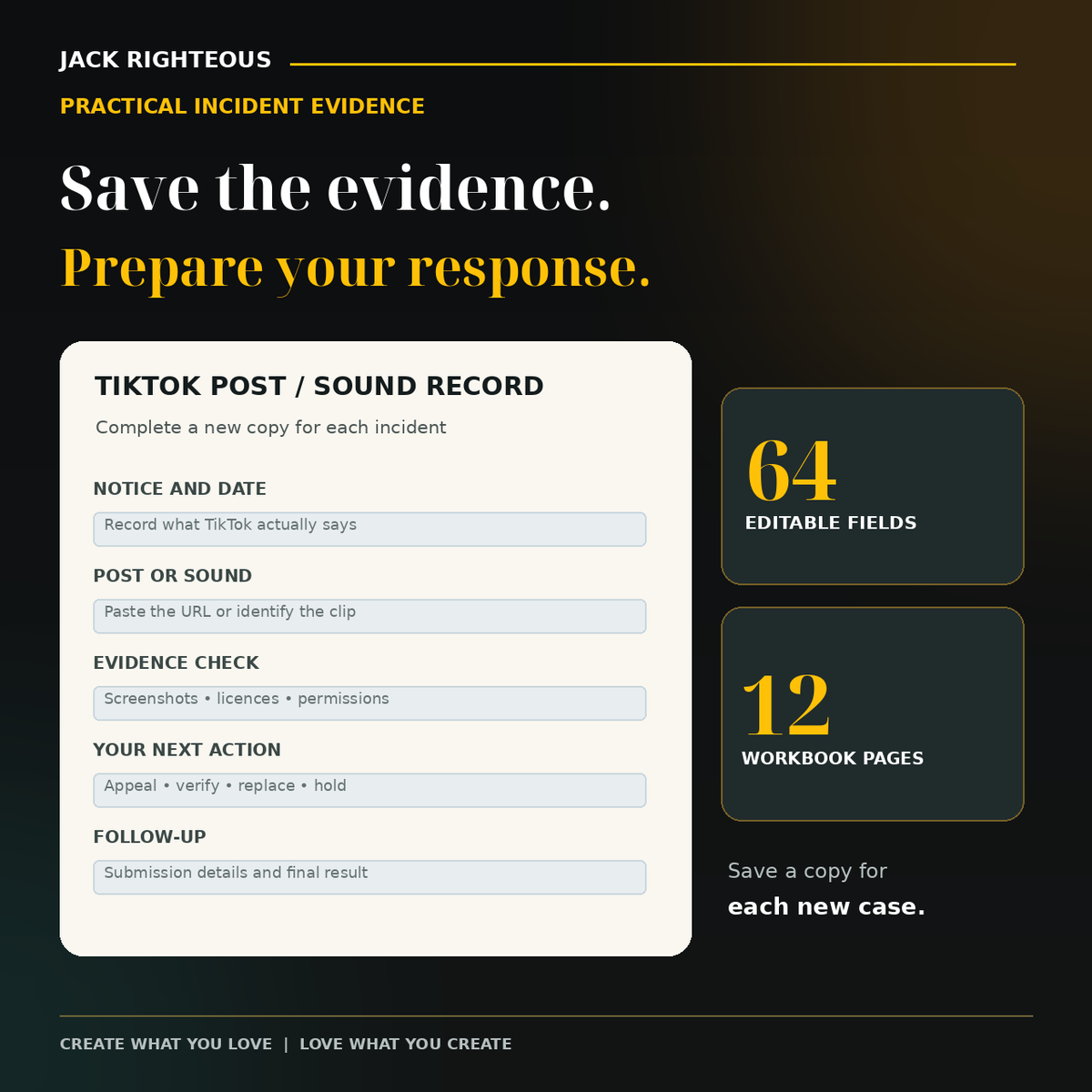 TikTok appeal and evidence record workbook with incident notes, evidence checklist and response tracking