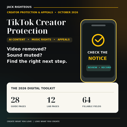 TikTok Creator Protection and Appeals 2026 cover: removed videos, muted sound, AI music rights; 41 pages and 64 fillable fields