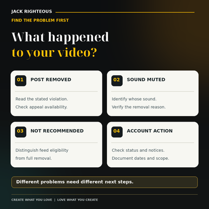 Decision map for TikTok video removed, muted audio, recommendation limitation and account action