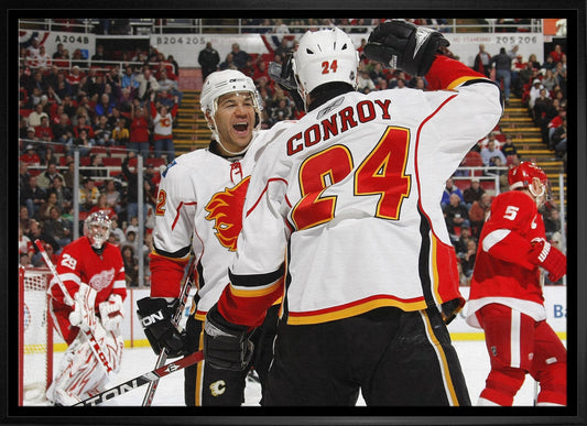 Jarome Iginla and Craig Conroy 20x29 Framed Canvas Flames Celebration - H - Jack Righteous