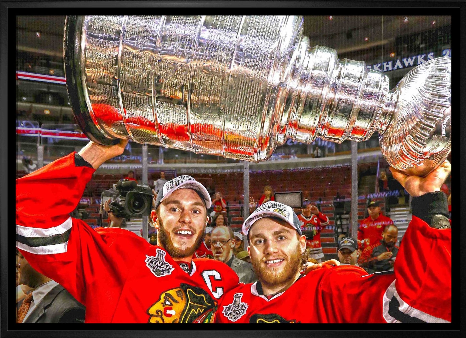 Jonathan Toews & Patrick Kane Chicago Blackhawks Framed 20x29 Lifting Stanley Cup Canvas - Jack Righteous