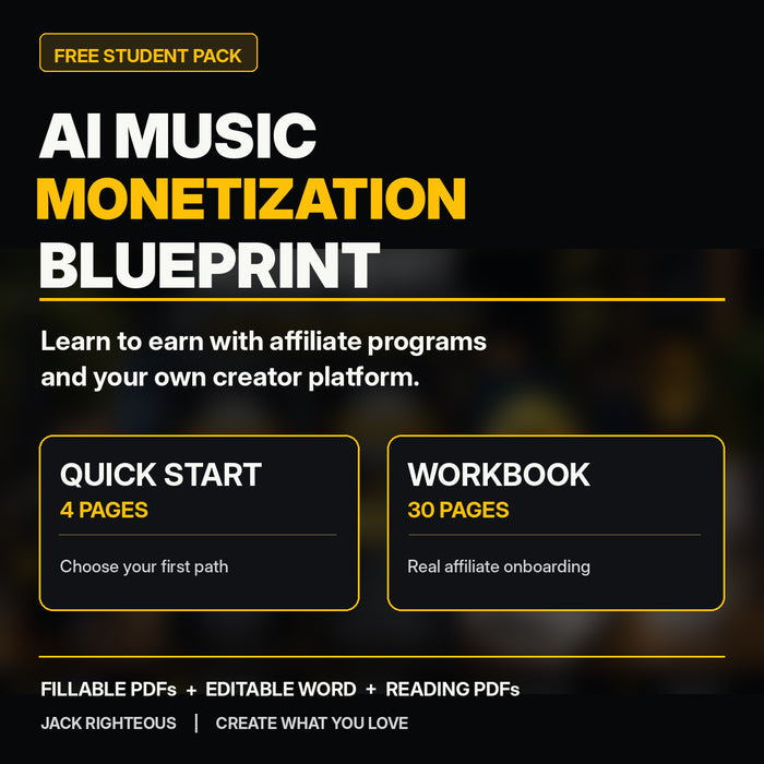 AI Music Monetization Blueprint Edition 2.1 free student pack: 4-page Quick Start and 30-page affiliate and creator income workbook