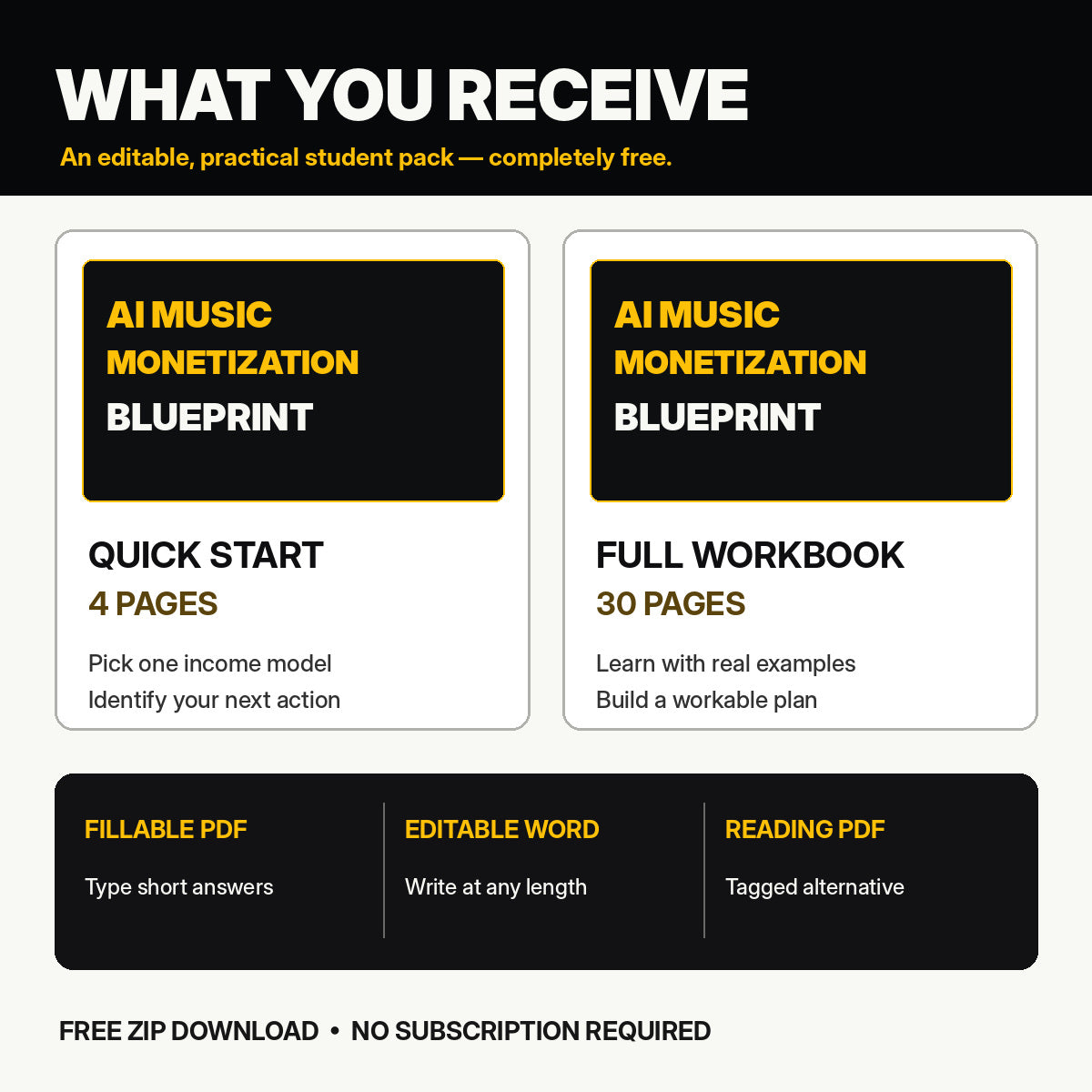 Edition 2.1 free ZIP includes 4-page Quick Start, 30-page workbook, fillable PDF, editable Word and tagged reading editions