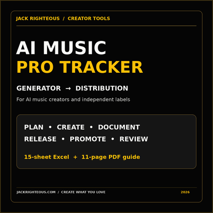 AI Music Pro Tracker: generator to distribution. A 15-sheet Excel workbook and eleven-page PDF guide for AI music creators and independent labels.