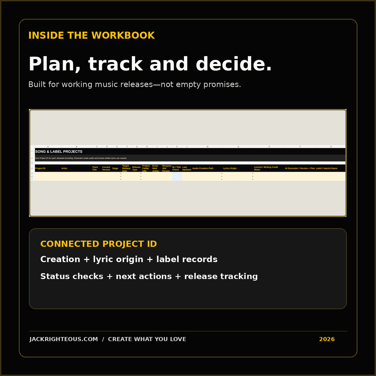 Real AI Music Pro Tracker worksheet preview with linked project details and lyrics-origin tracking.