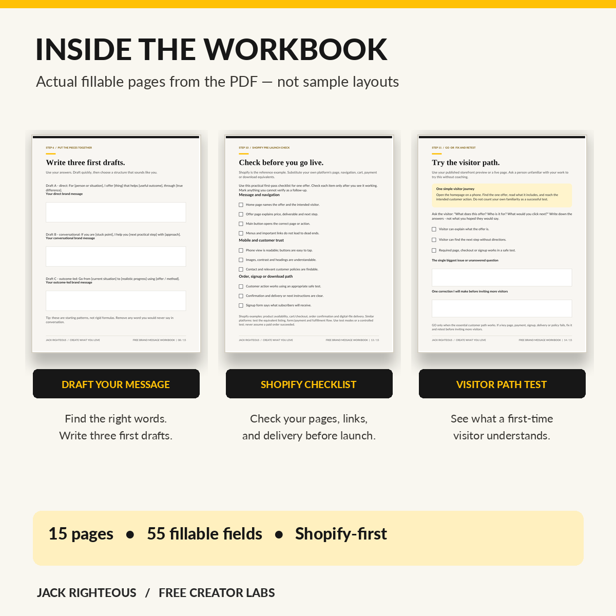 Actual workbook previews of brand-message drafts, Shopify pre-launch checklist and visitor journey test