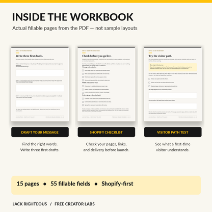 Actual workbook previews of brand-message drafts, Shopify pre-launch checklist and visitor journey test