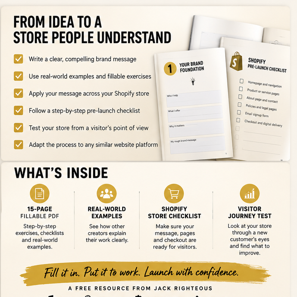 What the free Brand Message Workbook teaches: clear message, Shopify pre-launch checks and visitor journey