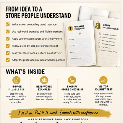What the free Brand Message Workbook teaches: clear message, Shopify pre-launch checks and visitor journey