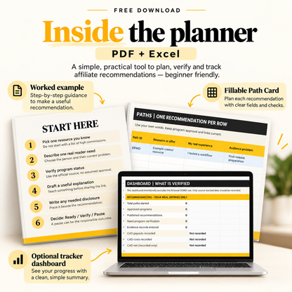 Inside the free affiliate planner: beginner start steps, recommendation records and Excel dashboard