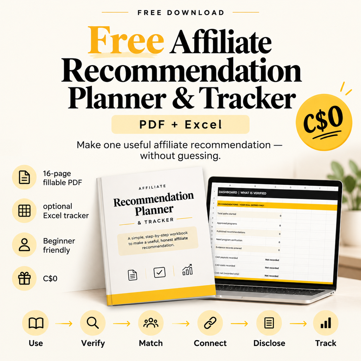 Free Affiliate Recommendation Planner & Tracker, 16-page fillable PDF plus Excel workbook
