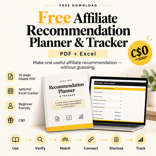 Free Affiliate Recommendation Planner & Tracker, 16-page fillable PDF plus Excel workbook