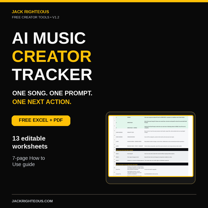 Free AI Music Creator Tracker v1.2 cover; free Excel workbook and How to Use PDF, one song, one prompt, one next action.