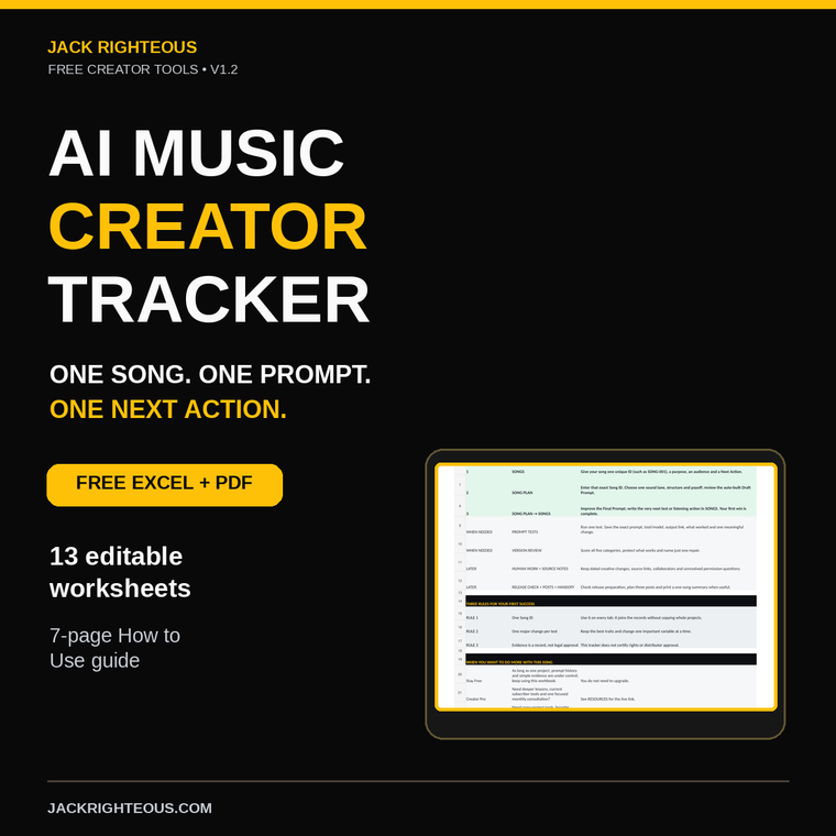 Free AI Music Creator Tracker v1.2 cover; free Excel workbook and How to Use PDF, one song, one prompt, one next action.