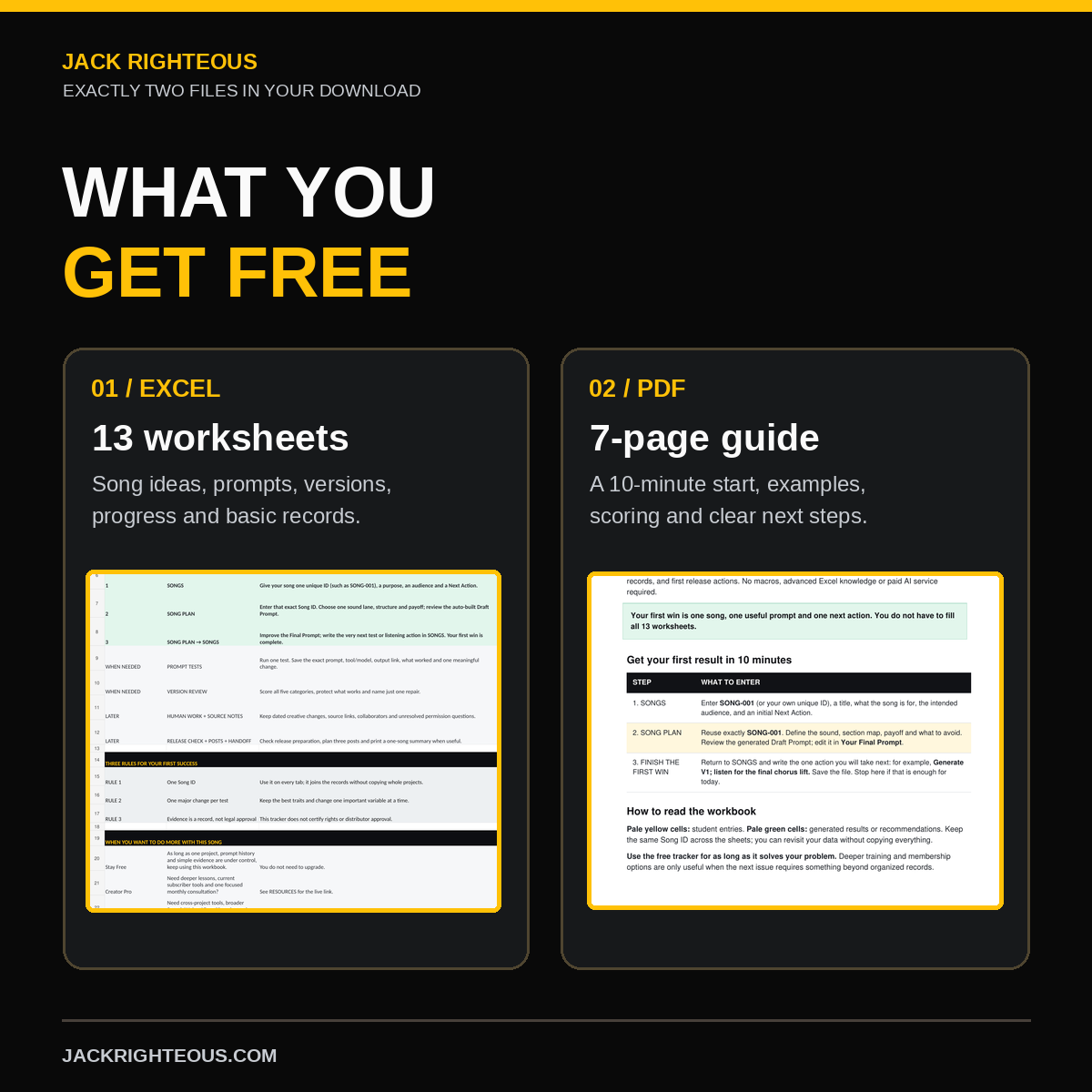 Two-file student ZIP preview: actual 13-worksheet Excel workbook and seven-page How to Use PDF guide.