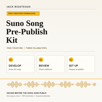 Suno Song Pre-Publish Kit cover: three fillable PDF worksheets for development, readiness and Suno publishing setup