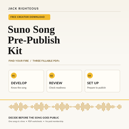 Suno Song Pre-Publish Kit cover: three fillable PDF worksheets for development, readiness and Suno publishing setup