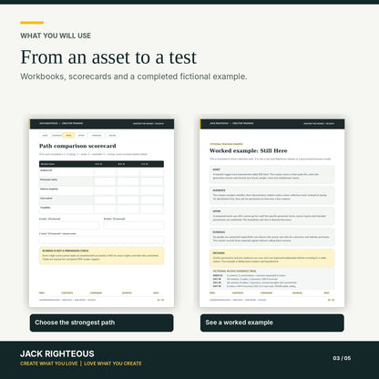 Master the Money path comparison scorecard and fictional Still Here worked example from the actual workbook