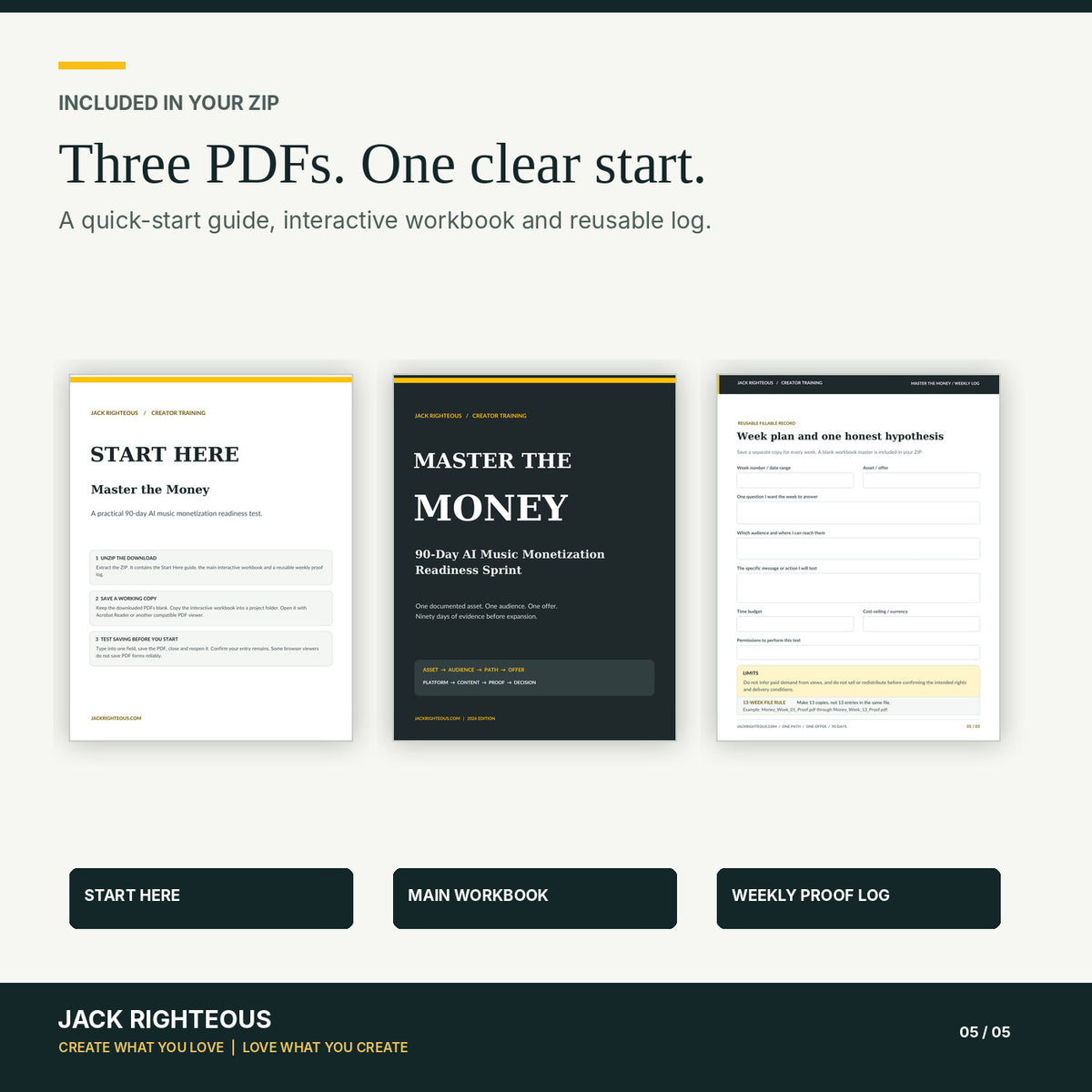 Master the Money one ZIP with two-page Start Here guide, 50-page interactive workbook, three-page Weekly Proof Log