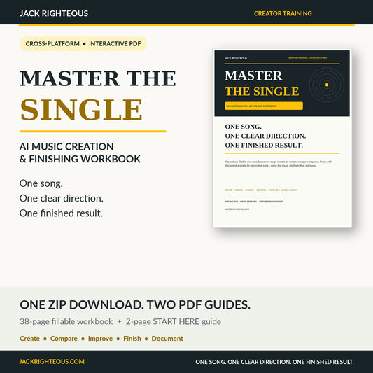Master the Single AI Music Creation and Finishing Workbook cover, cross-platform interactive workbook plus 2-page Start Here guide