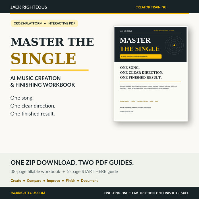 Master the Single AI Music Creation and Finishing Workbook cover, cross-platform interactive workbook plus 2-page Start Here guide