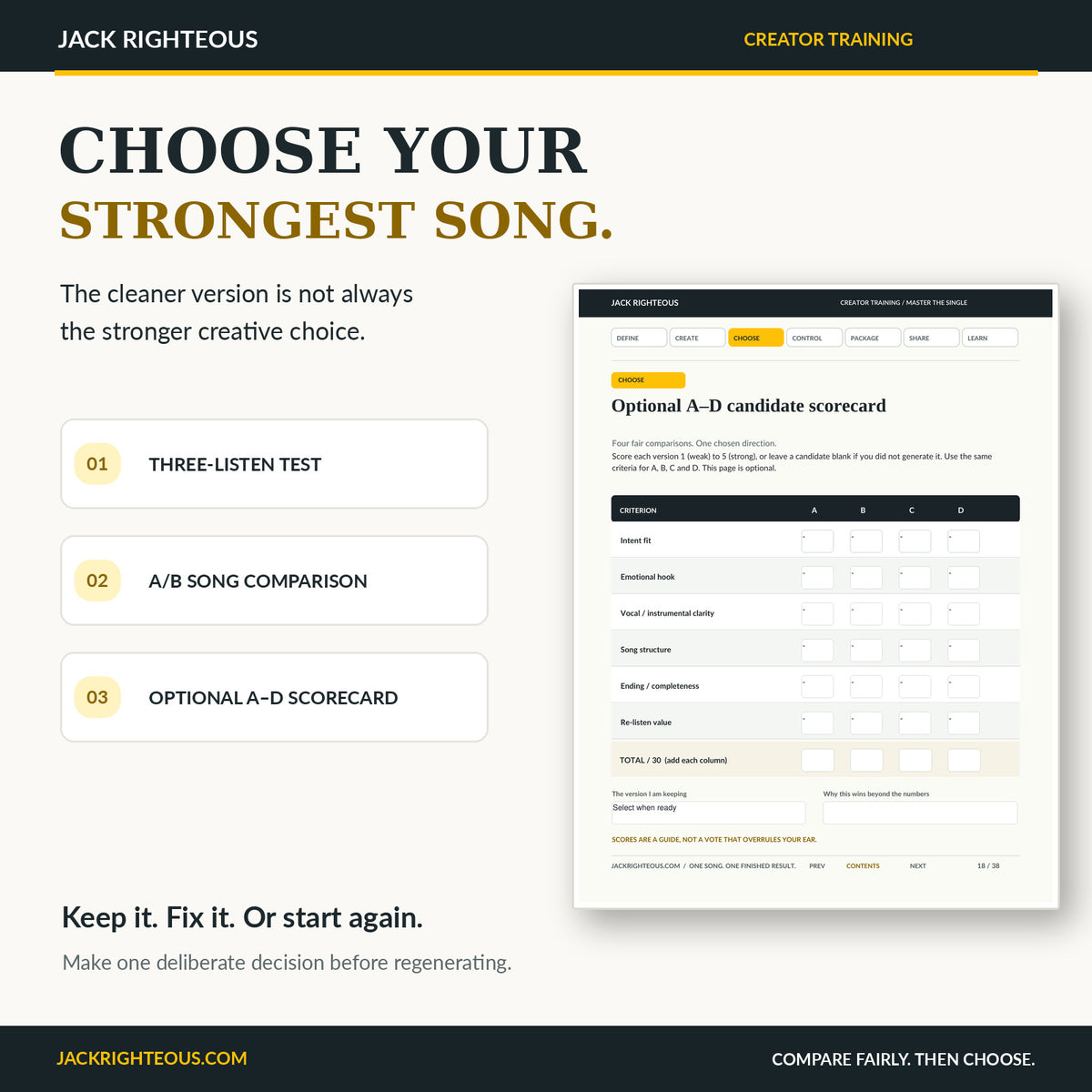 Master the Single Three-Listen Test, A/B version comparison and interactive optional A to D scorecard workbook preview