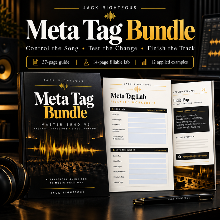Jack Righteous Meta Tag Bundle premium Suno V6 guide, fillable lab and applied song examples — main product cover