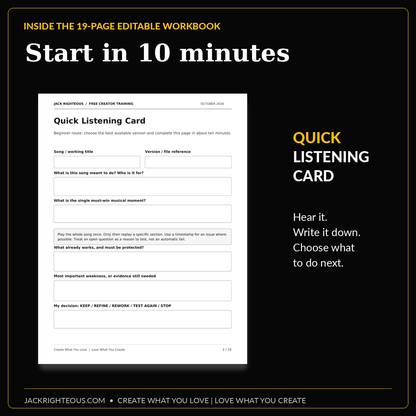 Actual Quick Listening Card worksheet page from the editable guide