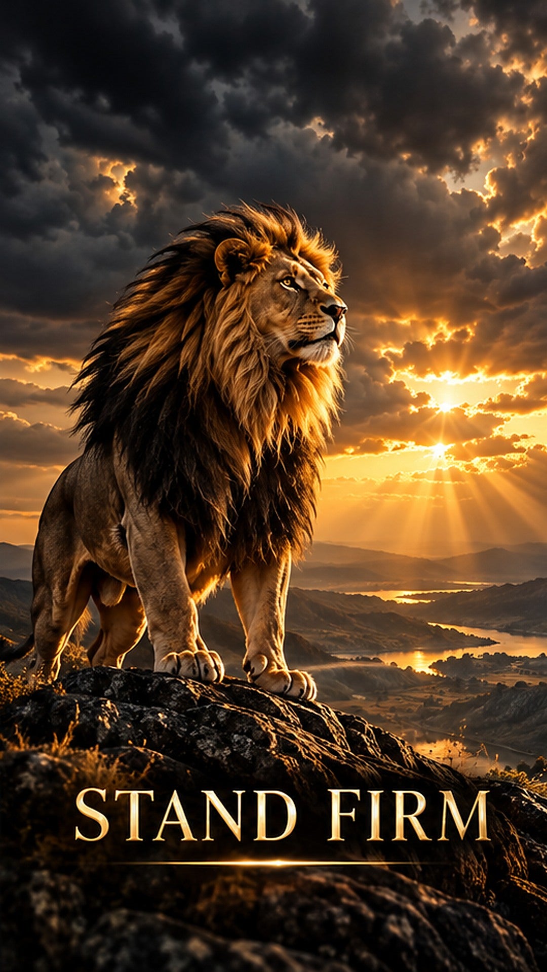 Stand Firm lion on rocky cliff promotional phone wallpaper preview