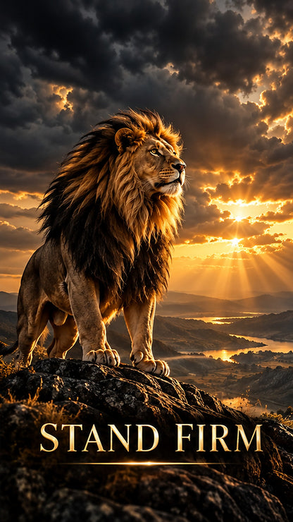 Stand Firm lion on rocky cliff promotional phone wallpaper preview