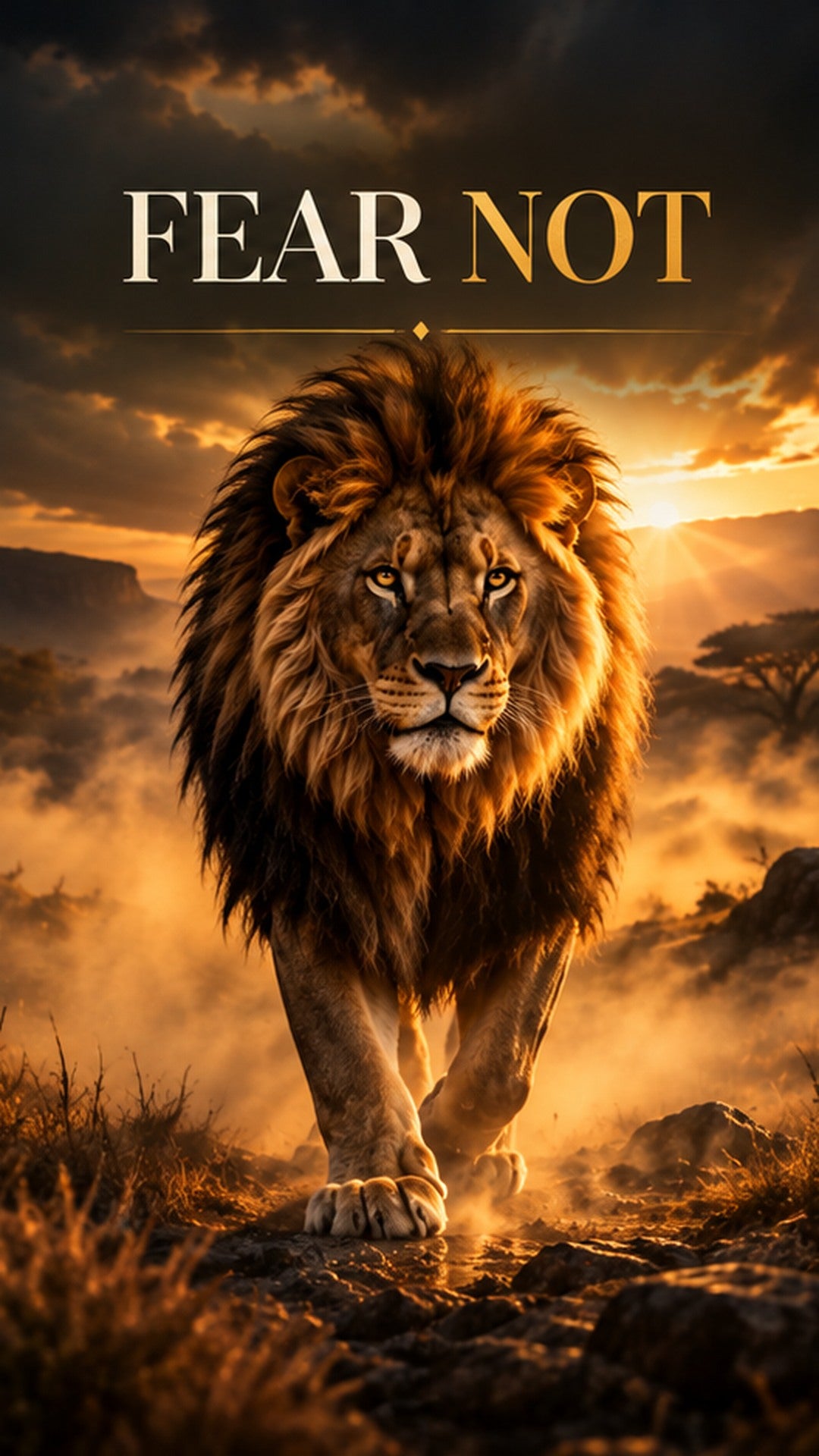 Fear Not lion moving forward through golden mist phone wallpaper preview