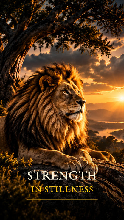 Strength in Stillness lion resting peacefully at sunset phone wallpaper preview